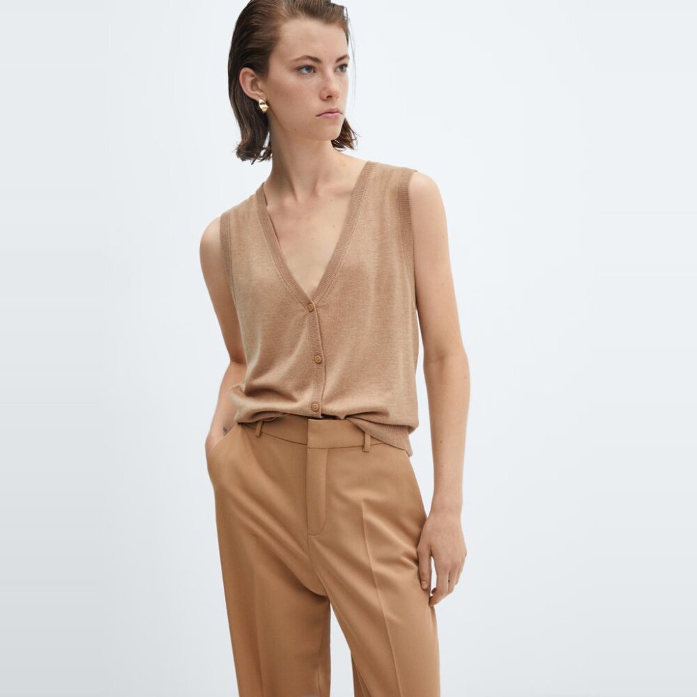 Mango Brown V-Neck Sleeveless Top Fine-knit gilet